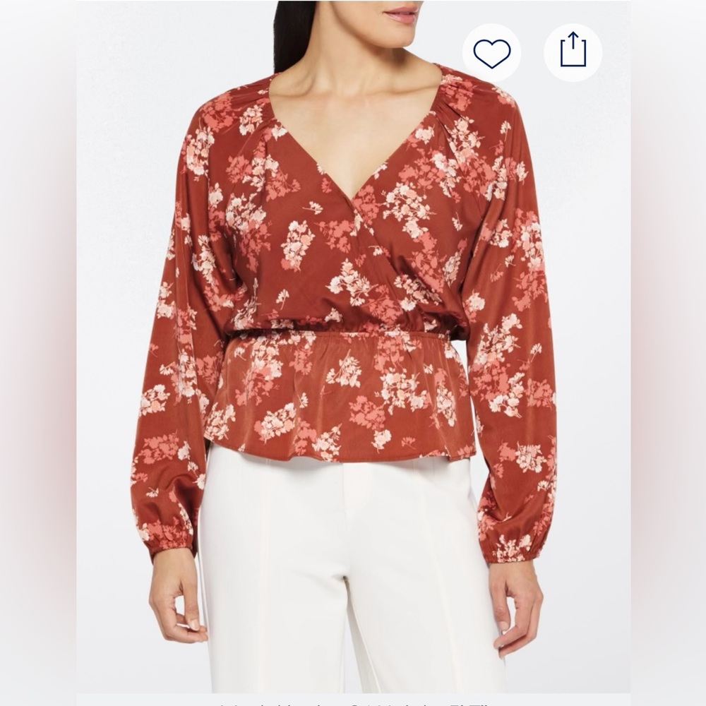 Kaileigh Brown Floral Leaves Wrap Blouse Romantic Peplum Office Chic Top Medium